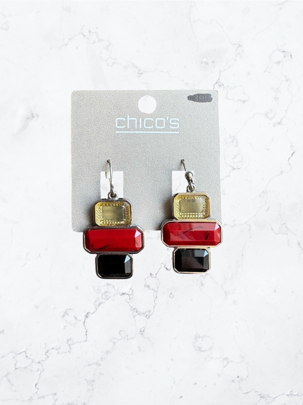 Chico's Red, Gold & Black Faceted Geometric Drop Earrings